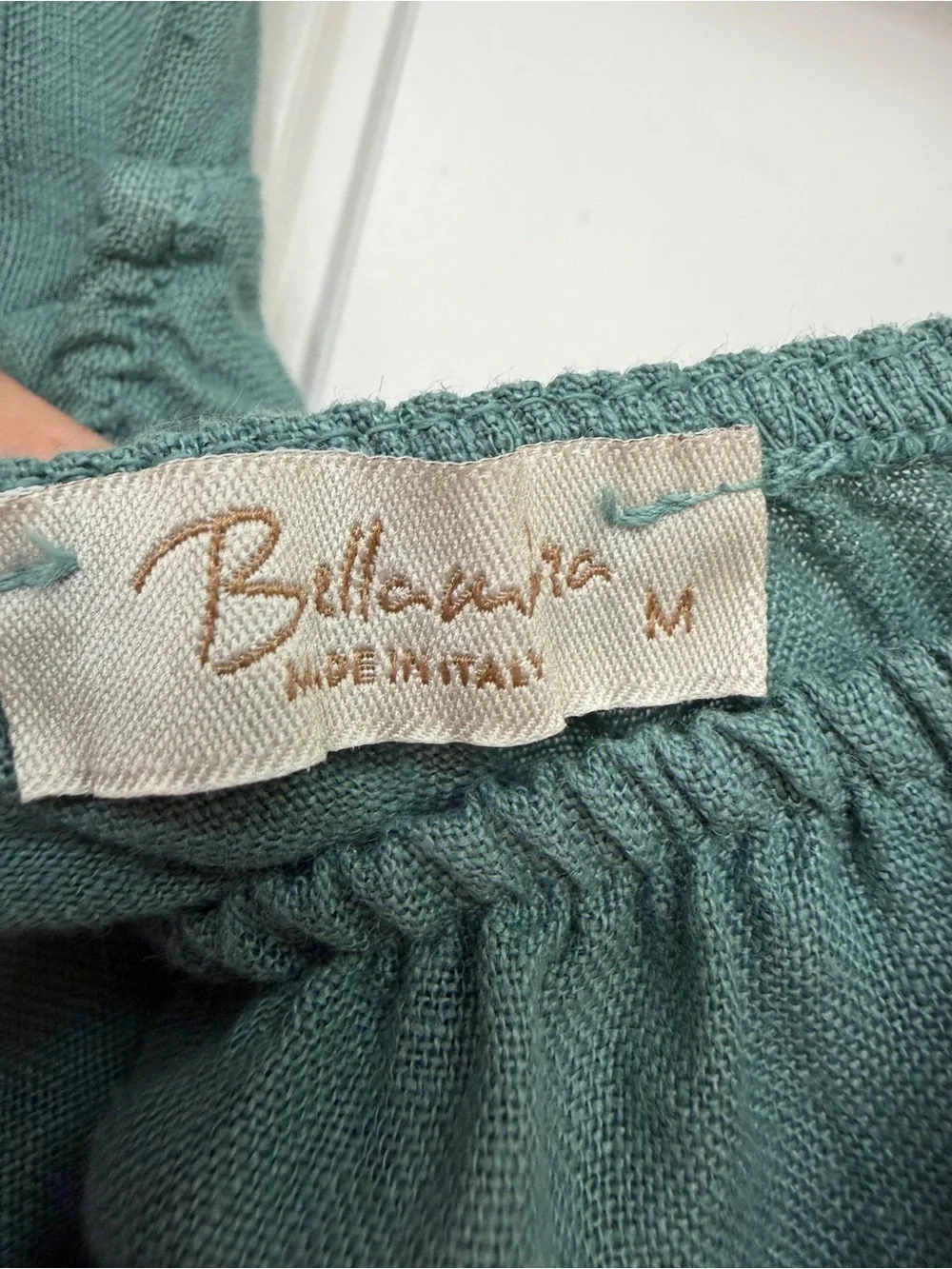 Bellambia Linen Sage Puff Sleeve Scoop Neck Blouse - Picture 2 of 5